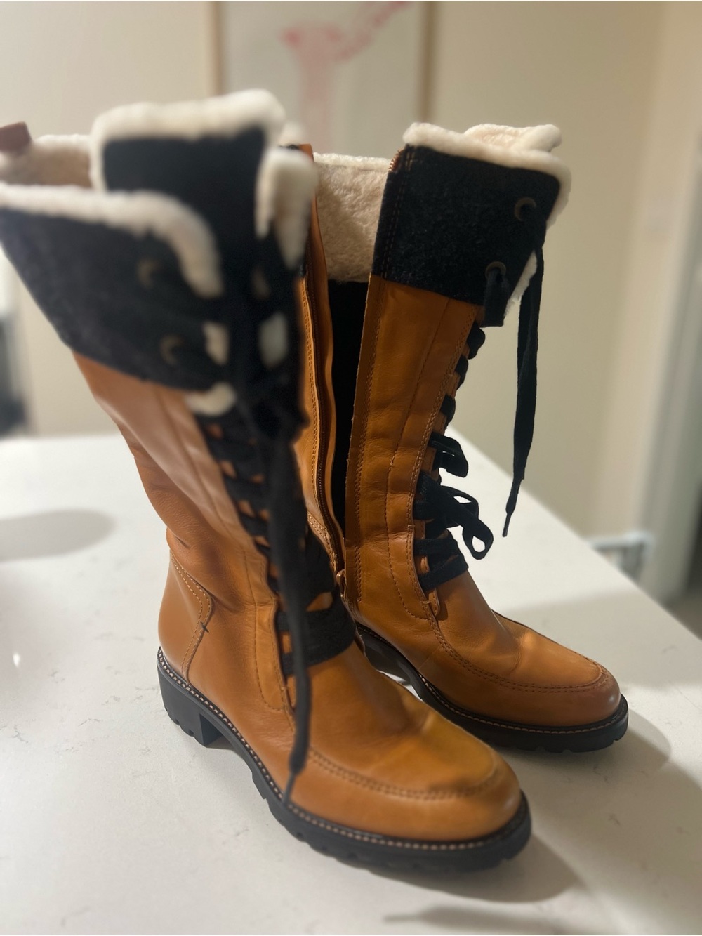 Cole Haan Chestnut Tan Leather Lace-Up Shearling-Trim Boots - Waterproof